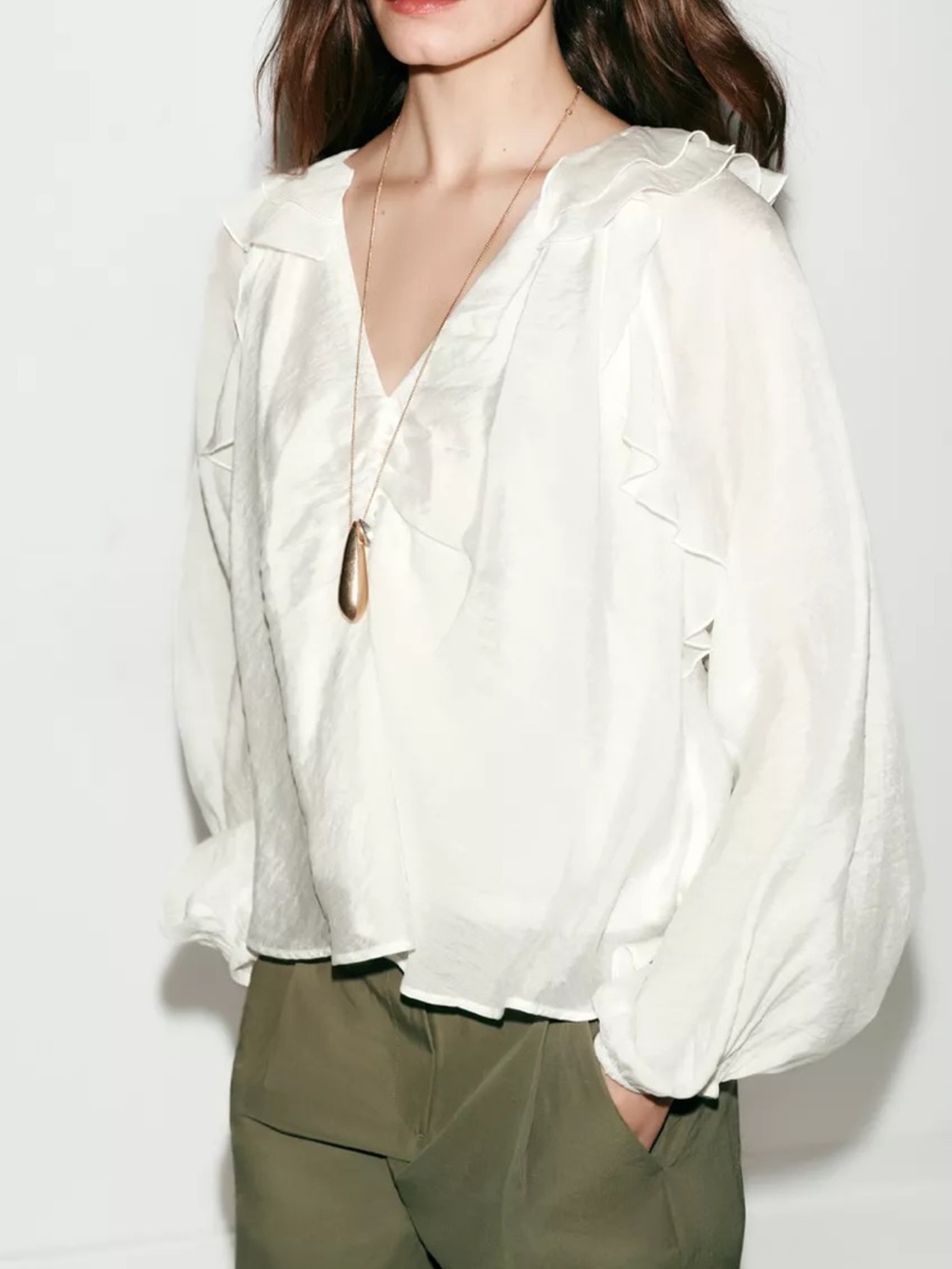 Zara Cream Ruffle V-Neck Peasant Blouse